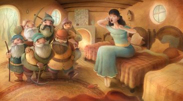 The Seven Dwarves return home to find Snow White waking up in their bedroom. A fireplace and rug in a small room. Richard Johnson Illustrator