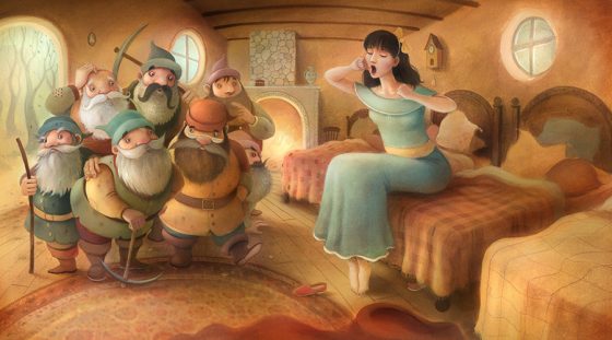 The Seven Dwarves return home to find Snow White waking up in their bedroom. A fireplace and rug in a small room. Richard Johnson Illustrator