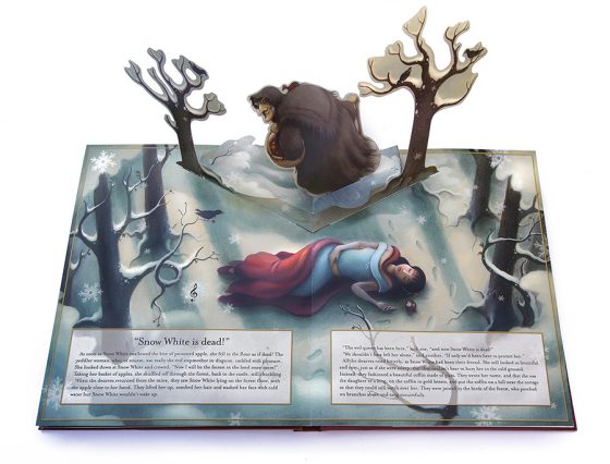 Pop Up Snow White published by Templar. The old hag poisons Snow White with an apple. Richard Johnson illustrator