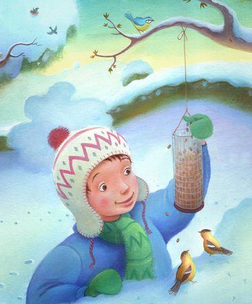 A Boy dressed in warm winter clothes, a blue coat and green scarf. He is feeding birds. Richard Johnson Illustrator