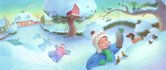 Tree house in the snow. Boy feeding birds in garden at home. Richard Johnson illustrator.