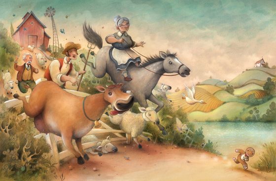 Gingerbread man running from a mob of animals and people who are chasing the tasty little chap. Richard Johnson Illustrator