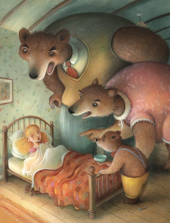 Goldilocks is caught sleeping in the Little Bears bed. She wakes to find the whole family towering over her, Daddy Bear isn't happy. Richard Johnson Illustrator