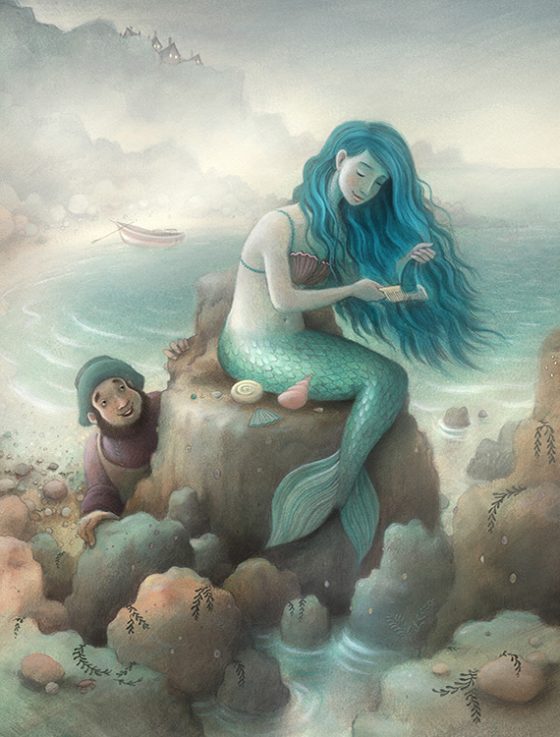 Hywel and the Mermaid. She combs her blue hair while sitting on a rock collecting shells. Richard Johnson Illustrator