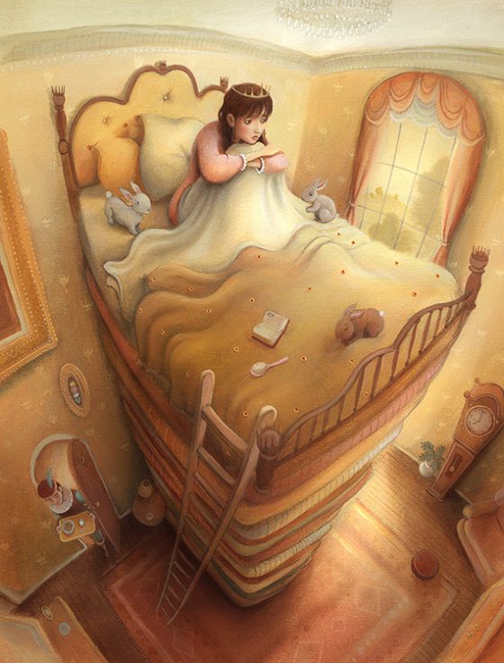 Princess sleeping in bed with pea. Rabbits and mattresses. Richard Johnson illustrator.