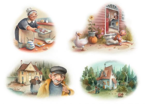 Gingerbread man vignettes. Old woman creates the gingerbread man. The Gingerbread man makes a run for it through the open door. A little house in the countryside owned by three bears. Richard Johnson Illustrator