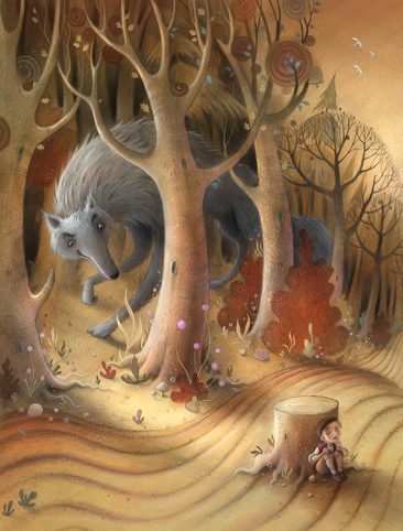 The Wolf lurks in the shadows of the forest. The boy hides behind a large tree stump uncertain if the Wolf has spotted him. Autumn. Richard Johnson Illustrator