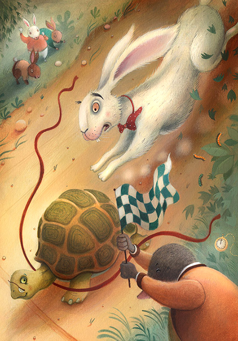 The White Hare races to catch the green tortoise. He is wearing a red bow tie. Little rabbits cheer on the tortoise. Richard Johnson Illustrator