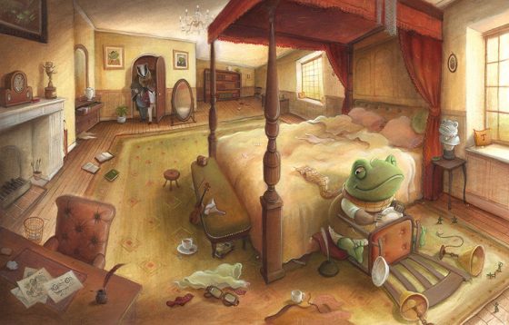 Toad locked up in his bedroom. Four poster bed, chairs, clothes everywhere. Home made car. Richard Johnson Illustrator