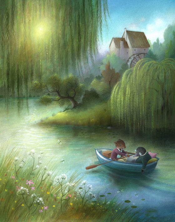 Sunny day, boat on river, willow tress. Water mill, flowers and sunshine. Moley and Ratty. Richard Johnson illustrator.