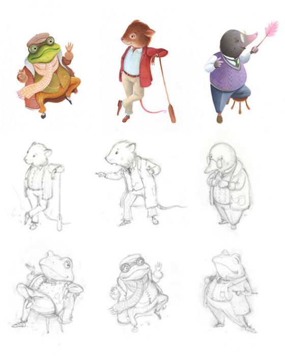 Character designs for Wind in the Willows. Pencil drawings and paintings. Toad, Ratty and Moley. Richard Johnson Illustrator