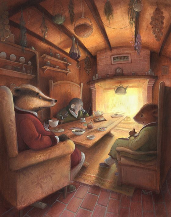 Mr Badger's Kitchen. A fireplace illuminates the characters. Shadows fall across the room, food is tied up on the ceiling. Richard Johnson Illustrator