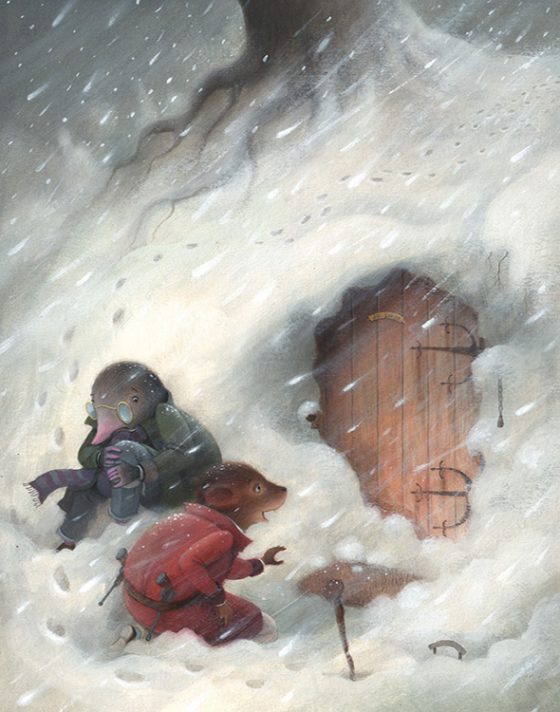 Ratty and Moley are lost in the snow. They find a door half buried. Richard Johnson Illustrator