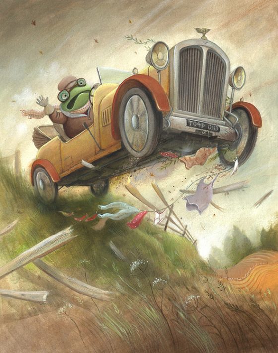 Toad of Toad Hall crashes his car through a fence and down a hill. An old fashioned car. Richard Johnson Illustrator