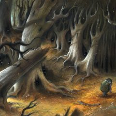 The Wild Wood, Moley looks over his shoulder feeling anxious, is he being watched? Eyes light up in the darkness of the deep wood. Richard Johnson Illustrator