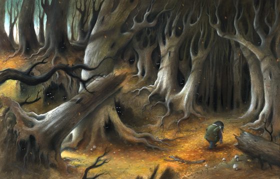 The Wild Wood, Moley looks over his shoulder feeling anxious, is he being watched? Eyes light up in the darkness of the deep wood. Richard Johnson Illustrator